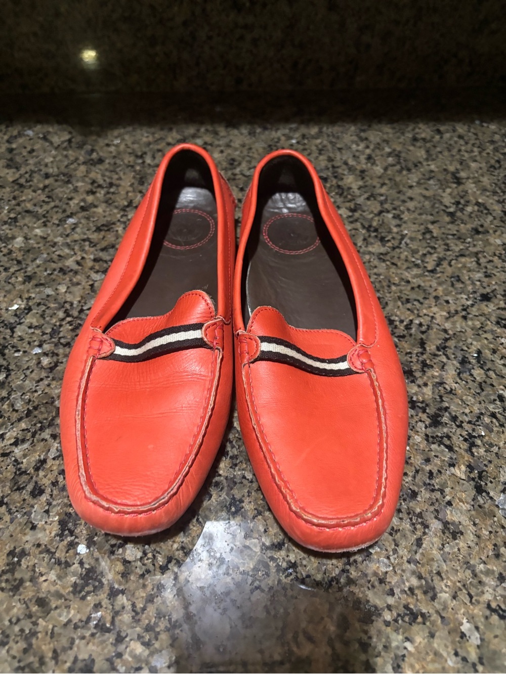 Bally Coral Leather Loafers with Black & White Stripe